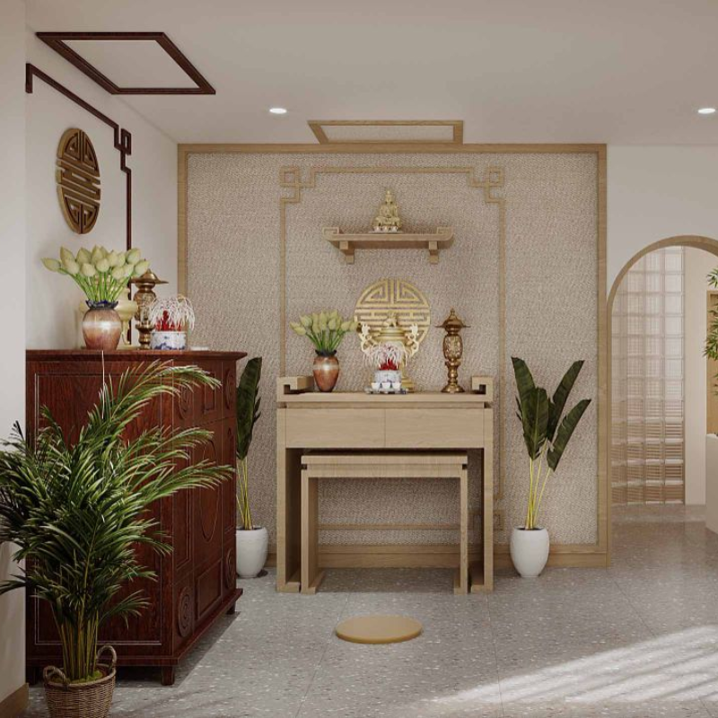 Tường phòng thờ gam nâu be nhẹ nhàng, ấm cúng