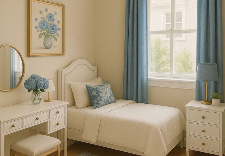 Phòng ngủ nhỏ trở nên thoáng đãng với giấy dán tường màu be