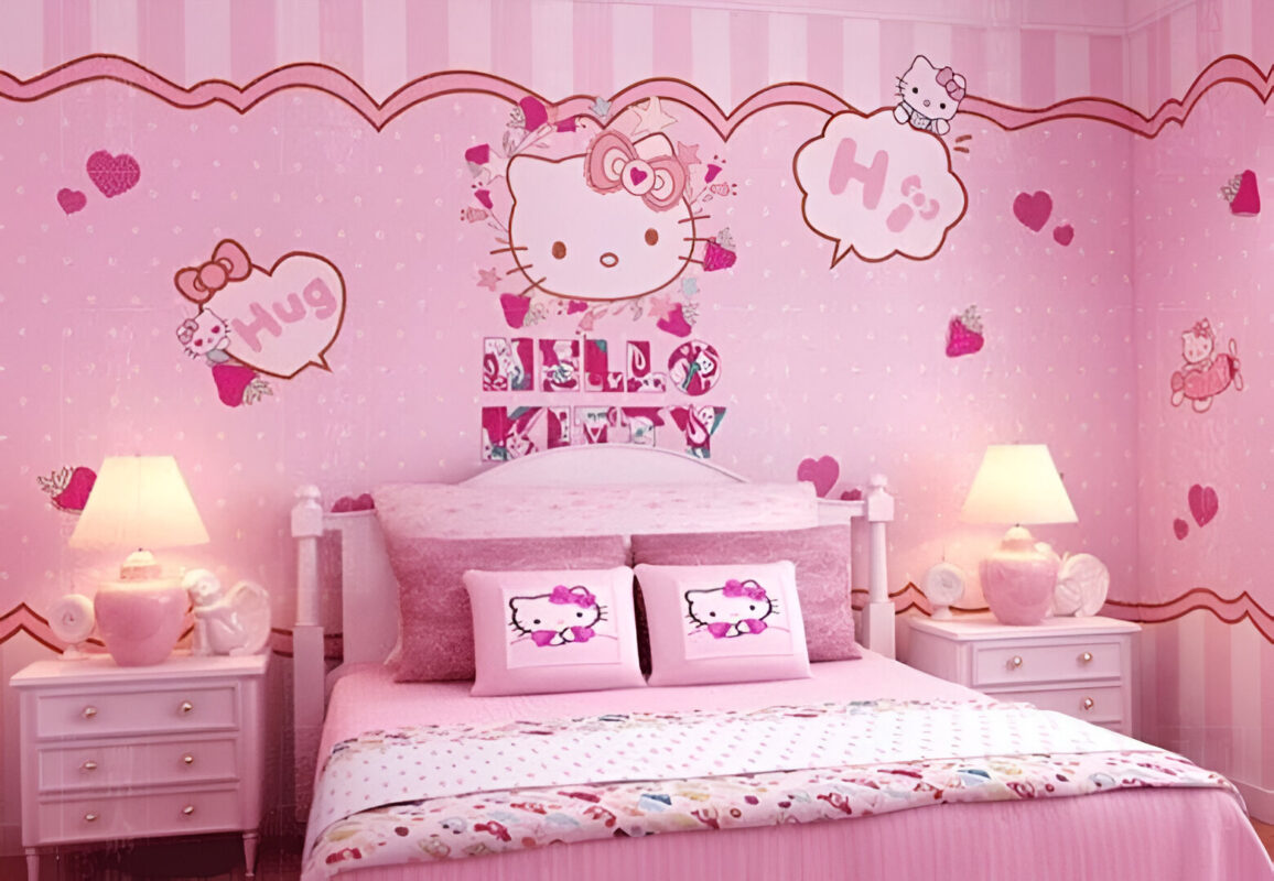 Giấy dán tường màu hồng hello kitty