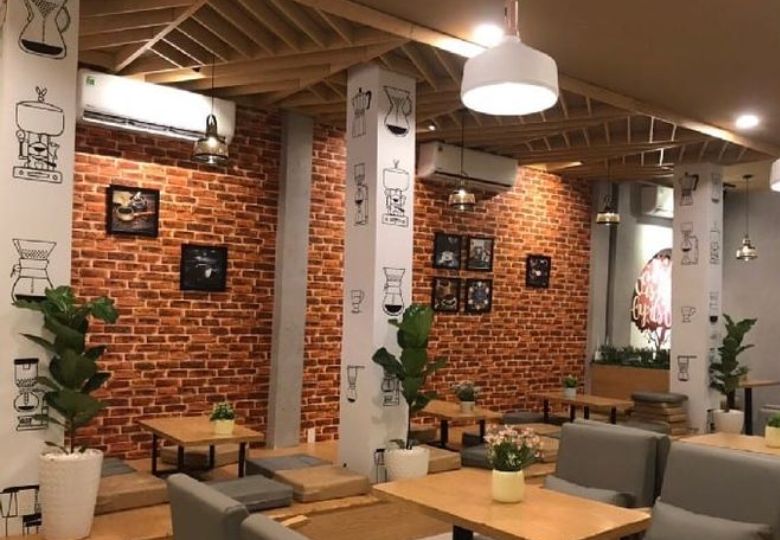 Giấy dán tường giả gạch quán cafe