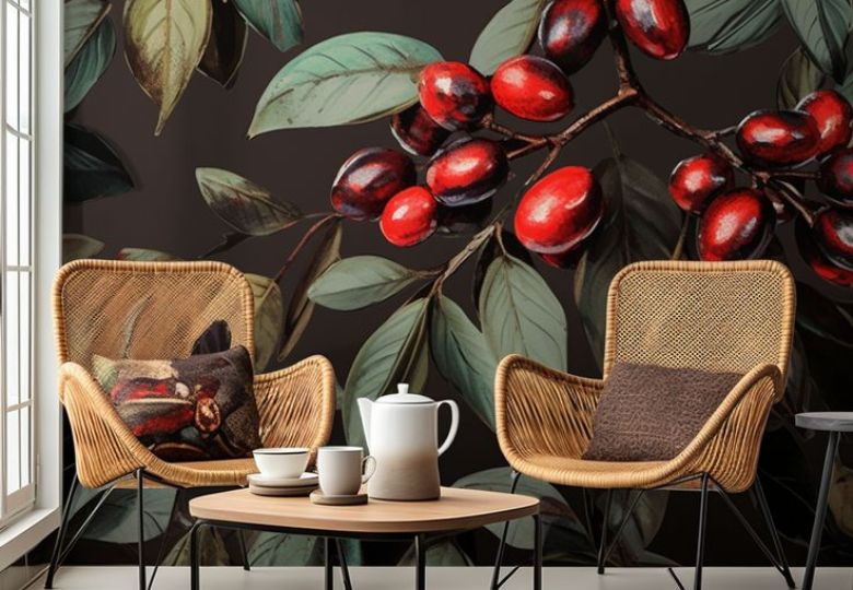 Không gian quán cafe tràn đầy năng lượng tích cực với giấy dán tường họa tiết tự nhiên