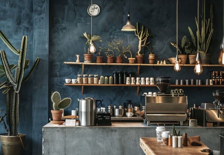Không gian cafe tinh tế với giấy dán tường trơn tối màu, ít họa tiết