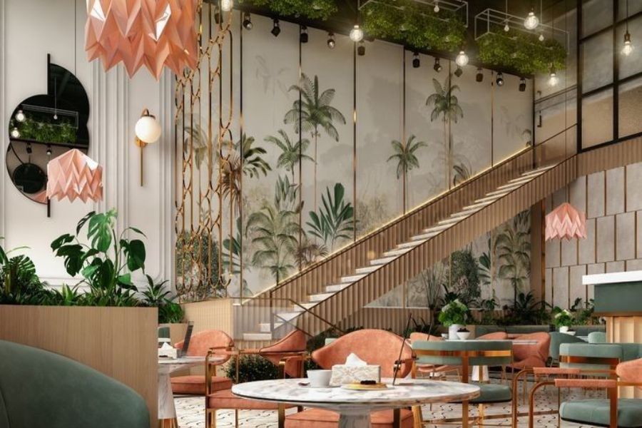 Tranh dán tường quán cafe chủ đề thiên nhiên, tạo không gian thư giãn