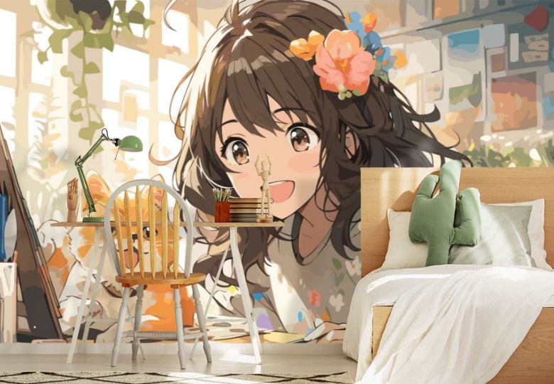 Mẫu giấy dán tường anime phong cách dễ thương với nhân vật chibi