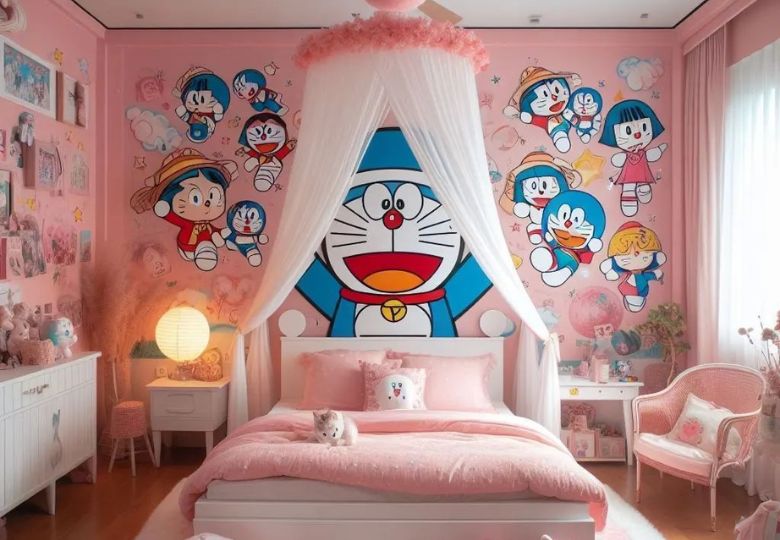 Giấy dán tường Doraemon màu hồng dành cho các bé gái