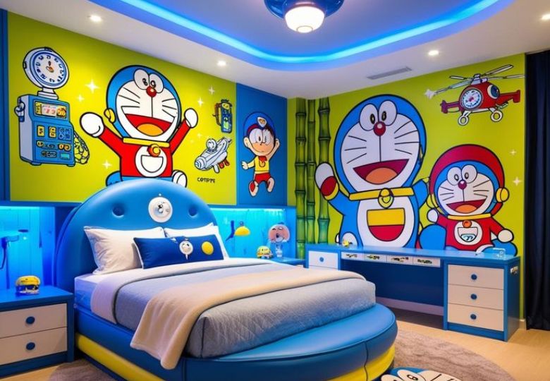 Mẫu giấy dán tường Doremon phong cách Nhật Bản, màu sắc nhã nhặn