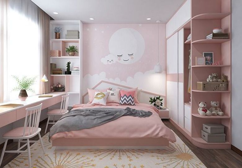 Thiết kế giấy dán tường mang màu sắc dịu nhẹ, tạo không gian an yên cho bé gái