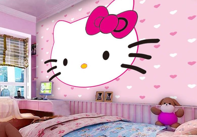 Giấy dán tường bé gái phong cách hoạt hình Hello Kitty dịu dàng, nữ tính