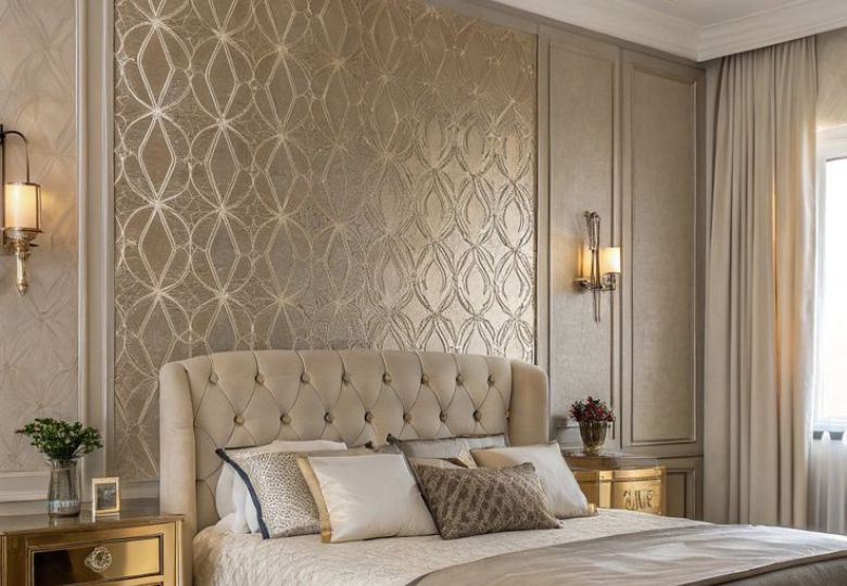 Sử dụng giấy dán tường làm điểm nhấn bức tường đầu giường