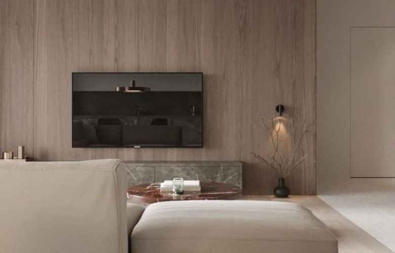Tông nâu cổ điển cho khu vực sau tivi