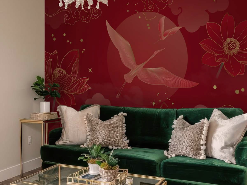 Giấy dán tường màu đỏ kết hợp họa tiết hoa văn Á Đông