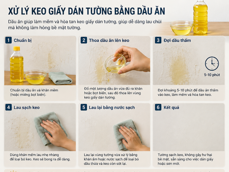 Các bước xử lý keo giấy dán tường bằng dầu ăn hiệu quả