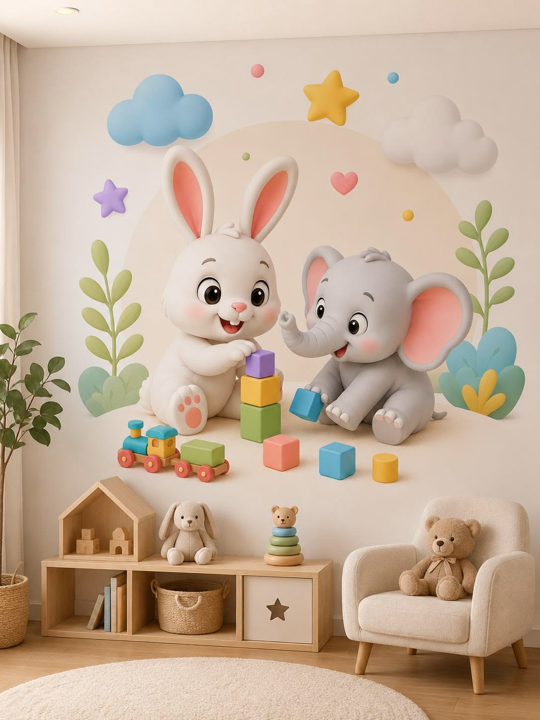 Để tranh dán tường cho bé hài hòa với căn phòng, nên xác định màu chủ đạo trước khi chọn tranh